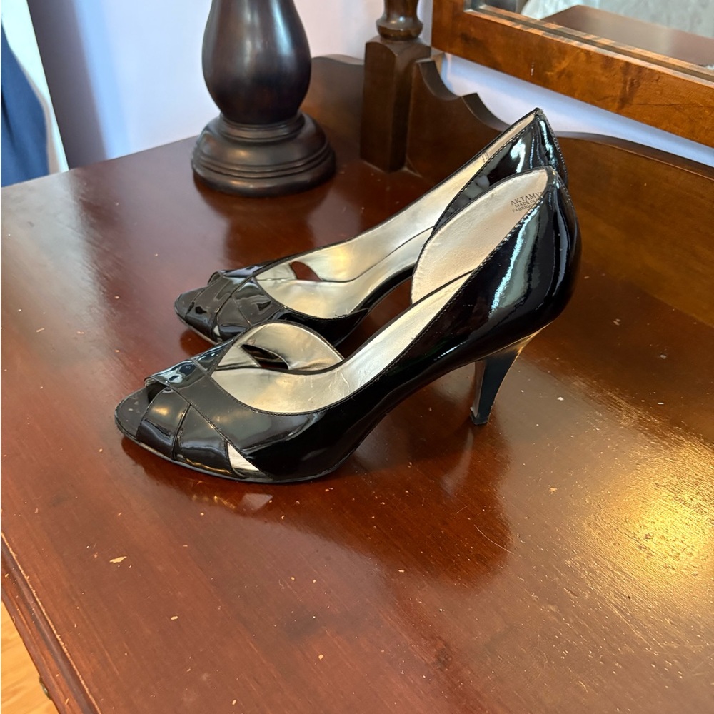 Anne Klein Glossy Black Peep-Toe Heels